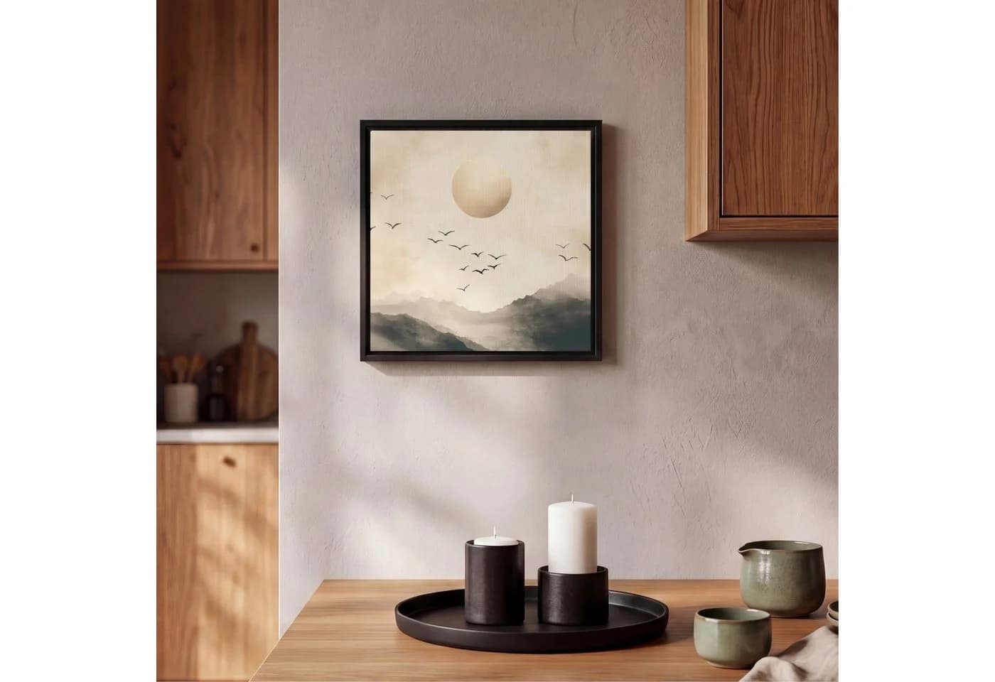 OneMillionCanvasses® Leinwandbild Japandi Landschaft Vogel 20x20cm