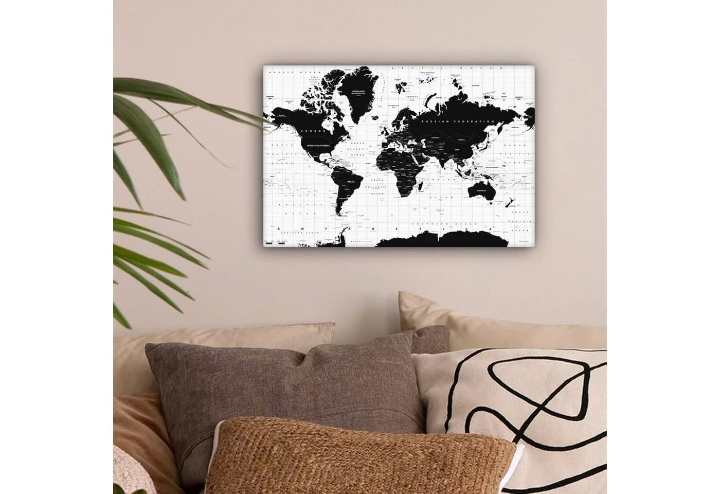 OneMillionCanvasses® Leinwandbild Weltkarte Schwarz-Weiß Wanddekoration