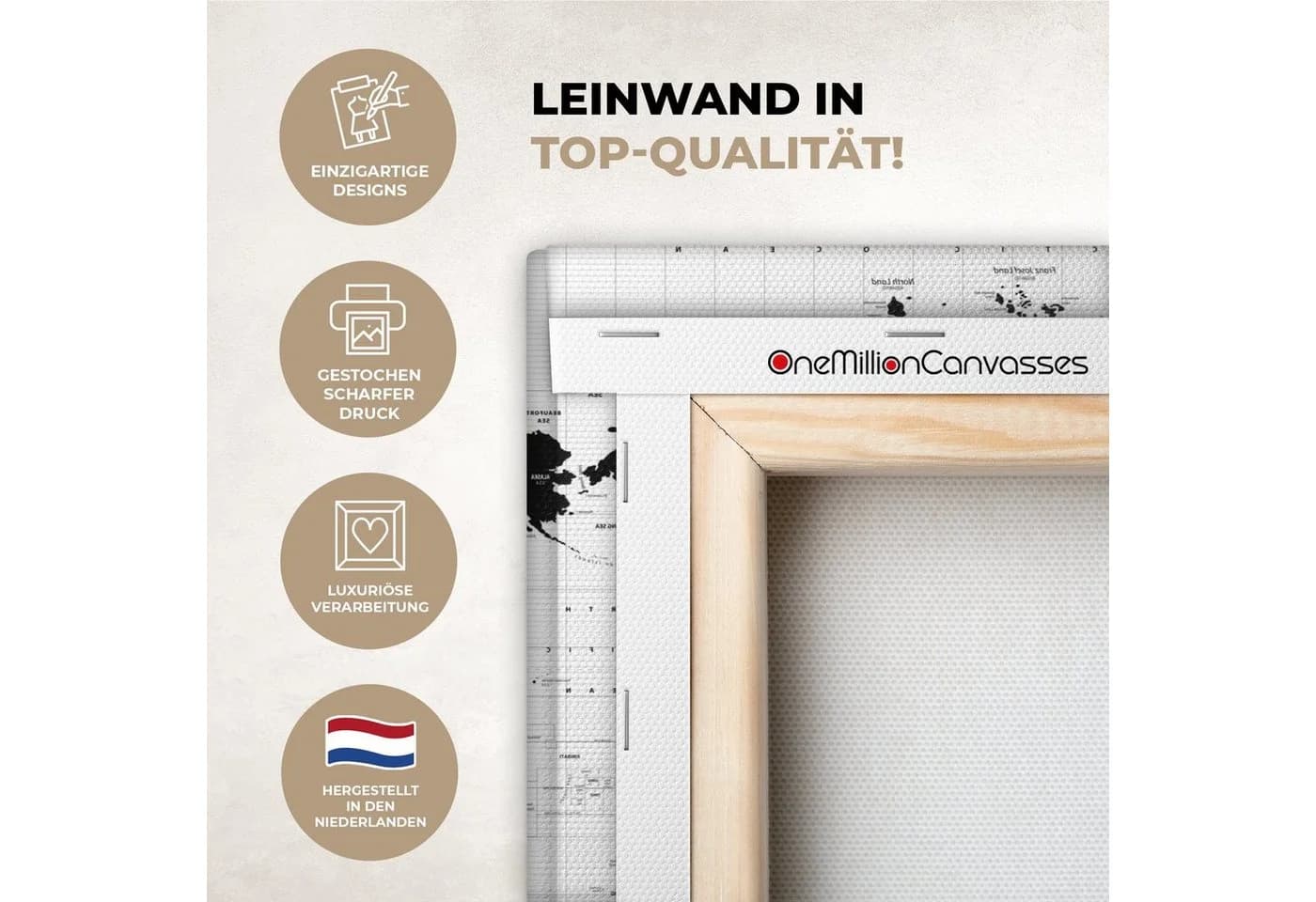OneMillionCanvasses® Leinwandbild Weltkarte Schwarz-Weiß Wanddekoration - Bild 3