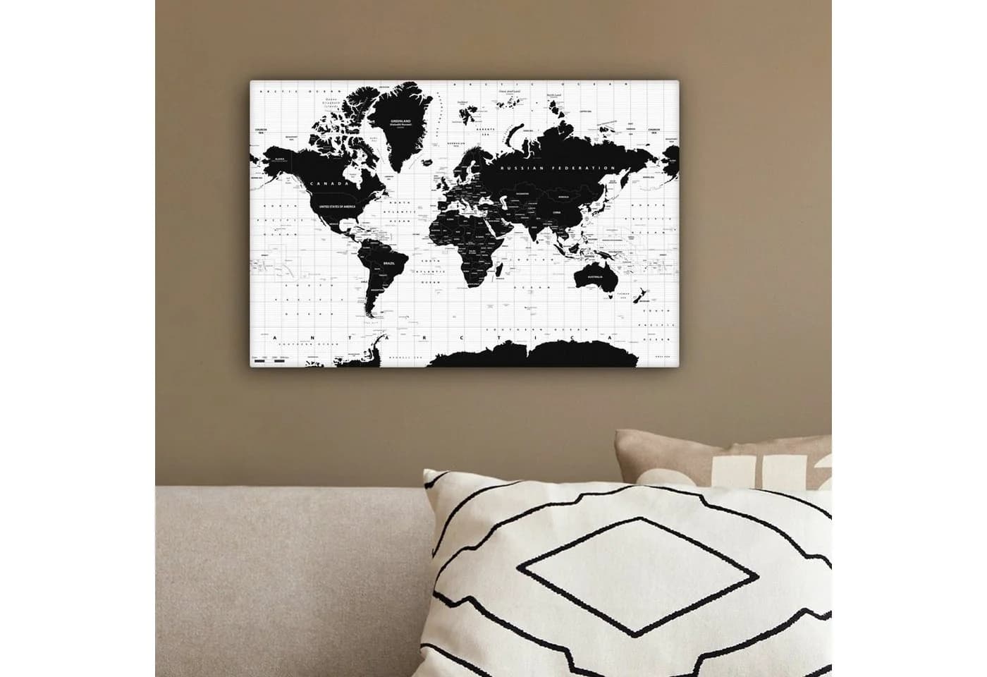 OneMillionCanvasses® Leinwandbild Weltkarte Schwarz-Weiß Wanddekoration - Bild 4