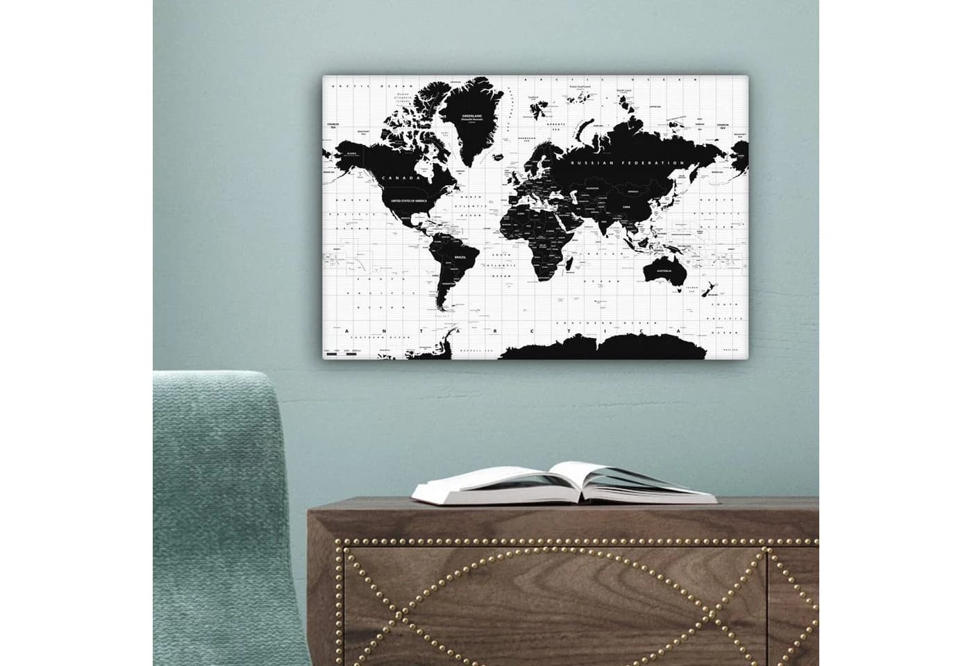 OneMillionCanvasses® Leinwandbild Weltkarte Schwarz-Weiß Wanddekoration - Bild 5