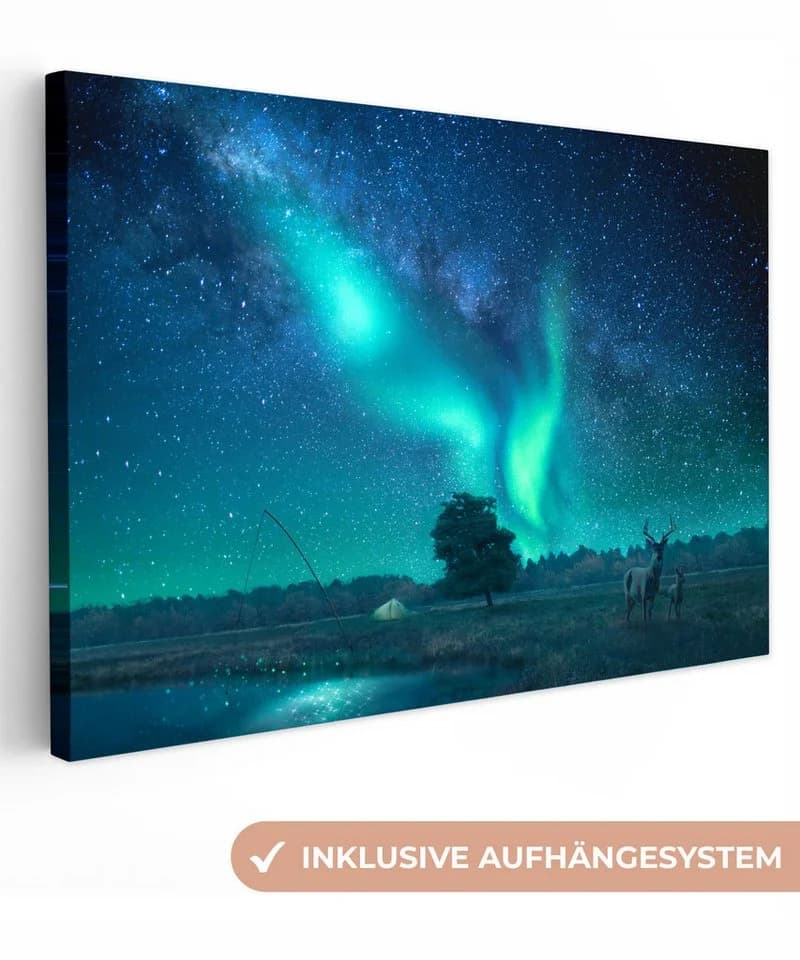 OneMillionCanvasses® Leinwandbild Nordlichter Hirsche Sternenhimmel - Bild 2