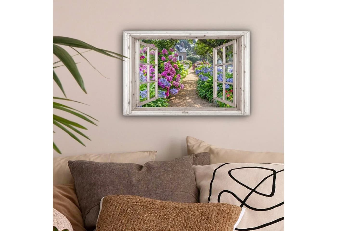 OneMillionCanvasses® Leinwandbild Hortensie Lila Fensterblick
