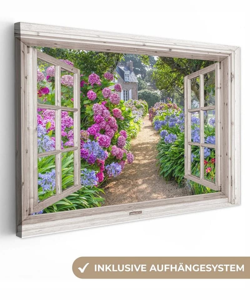 OneMillionCanvasses® Leinwandbild Hortensie Lila Fensterblick - Bild 2