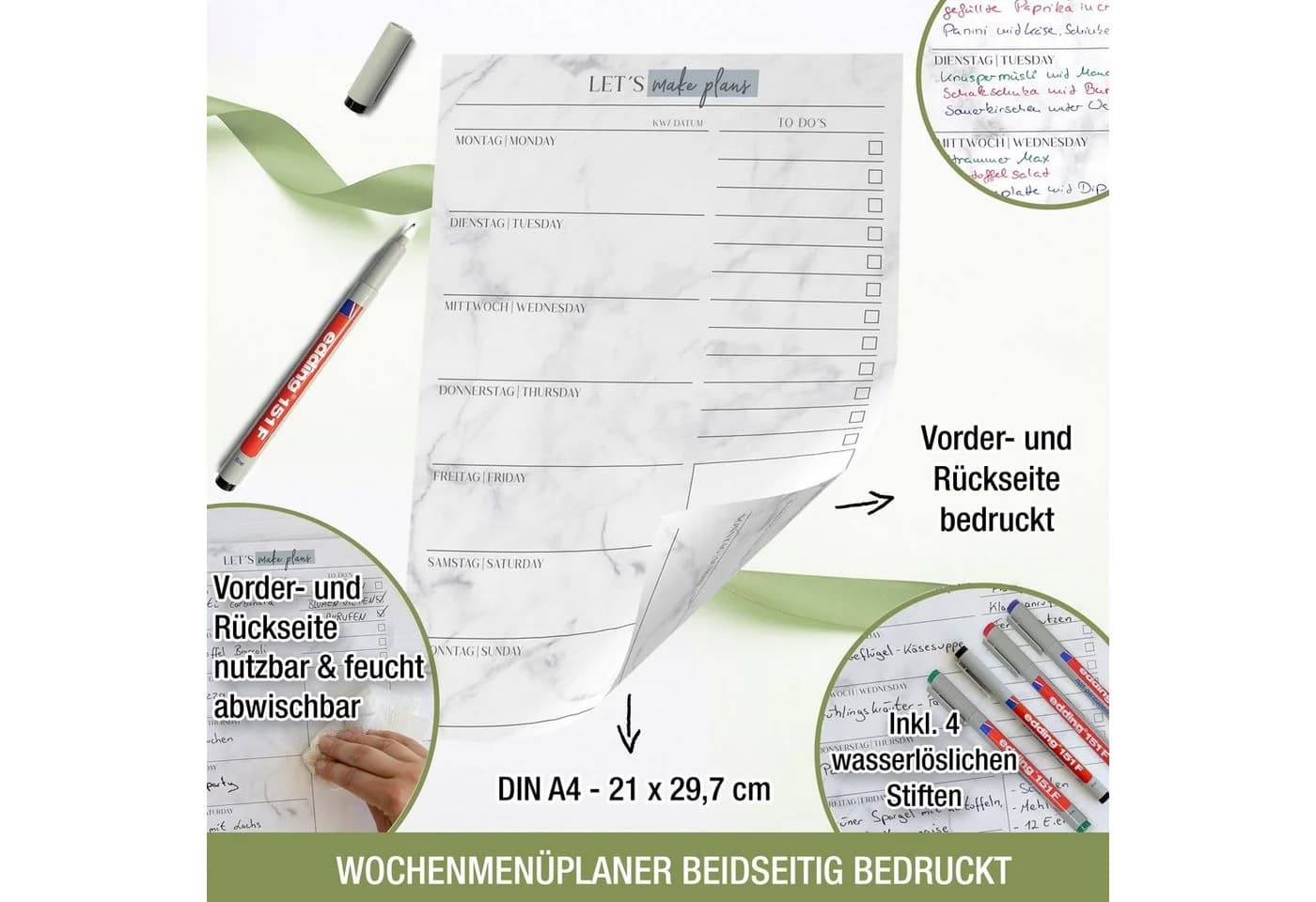 TOBJA Memoboard Menüplaner abwischbar inkl. 4 Stifte Marmor Design