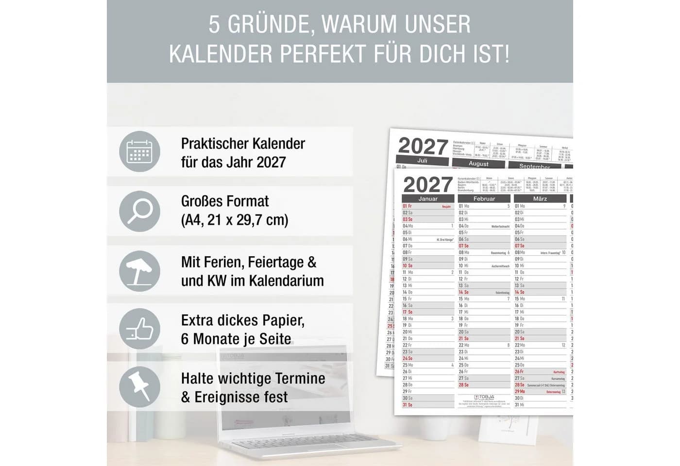TOBJA Wandkalender 2027 Anthrazit DIN A4 3er Set