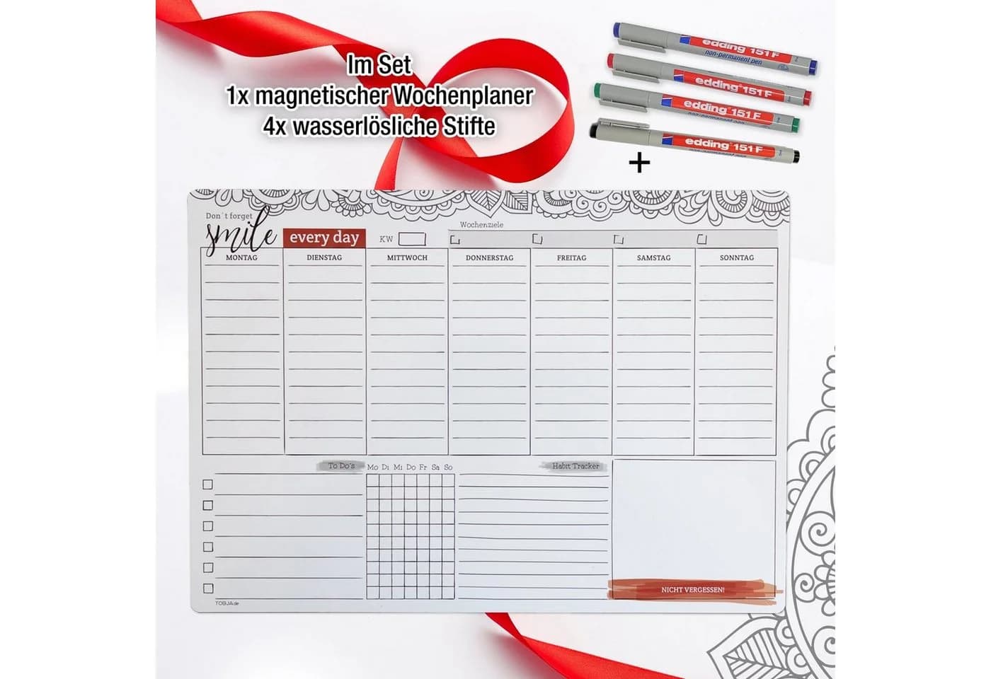 TOBJA Magnettafel Wochenplaner A4 Magnetfolie +4 Stifte