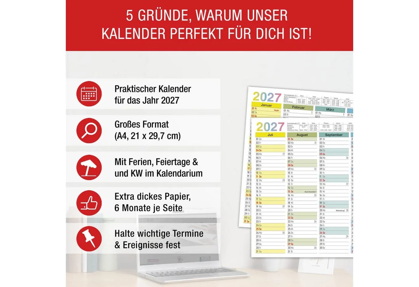 TOBJA Wandkalender 2027 3er Set DIN A4 Bunt Pastellfarben