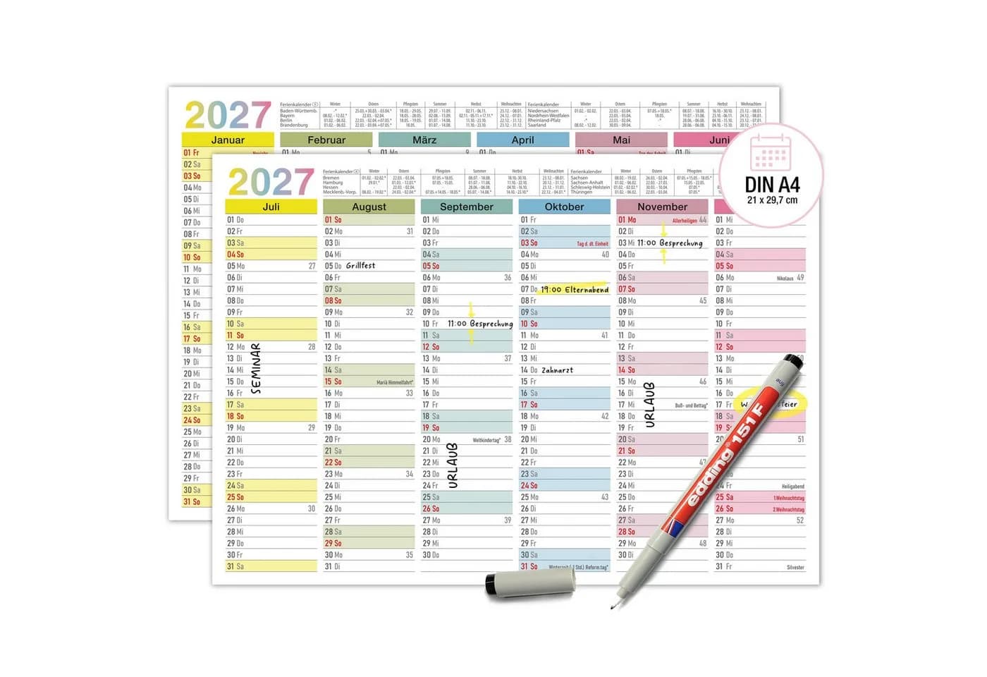 TOBJA Wandkalender 2027 Abwischbar Bunt DIN A4 - Bild 2