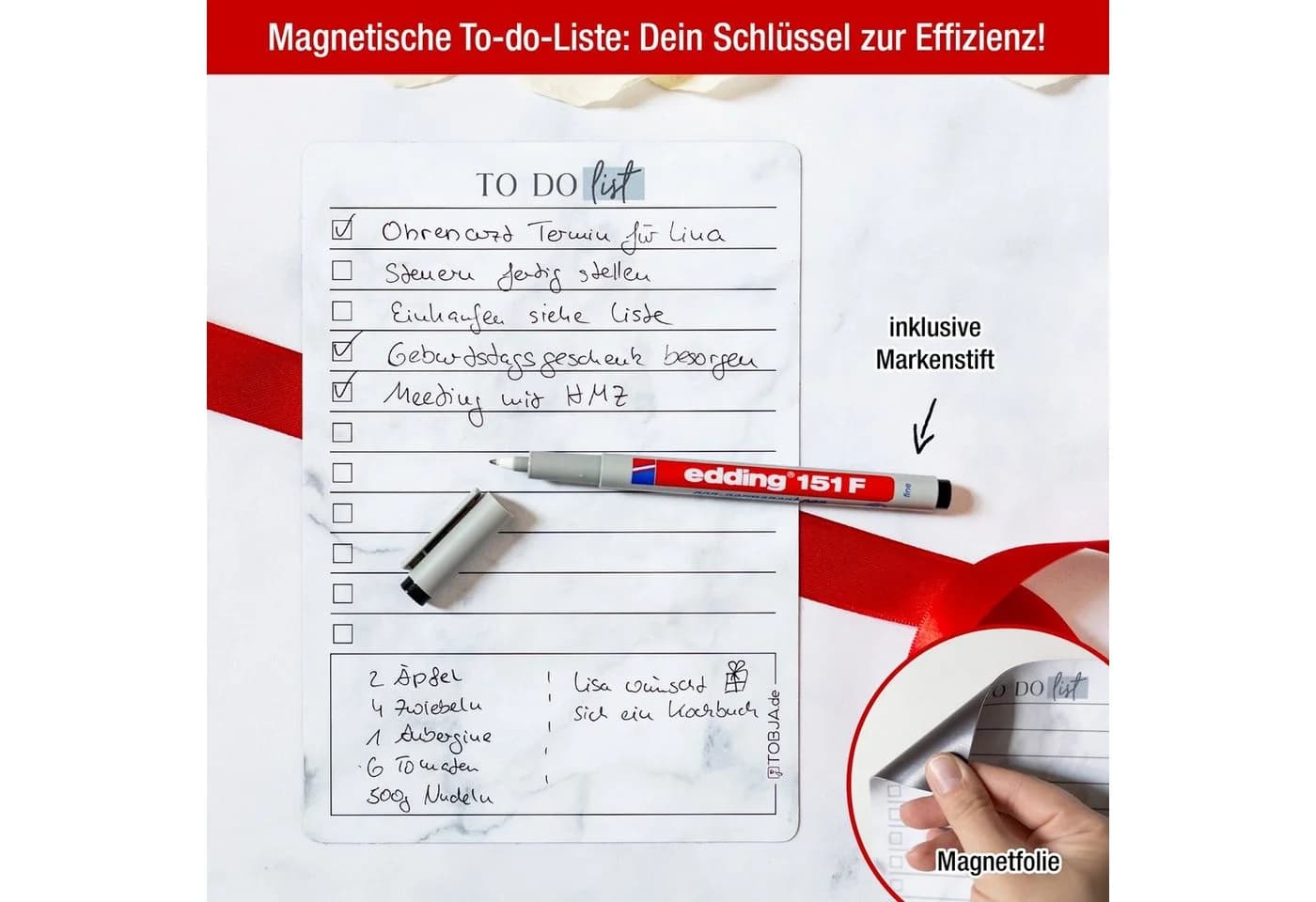 TOBJA Magnettafel A5 To-Do Liste magnetisch inkl. Stift