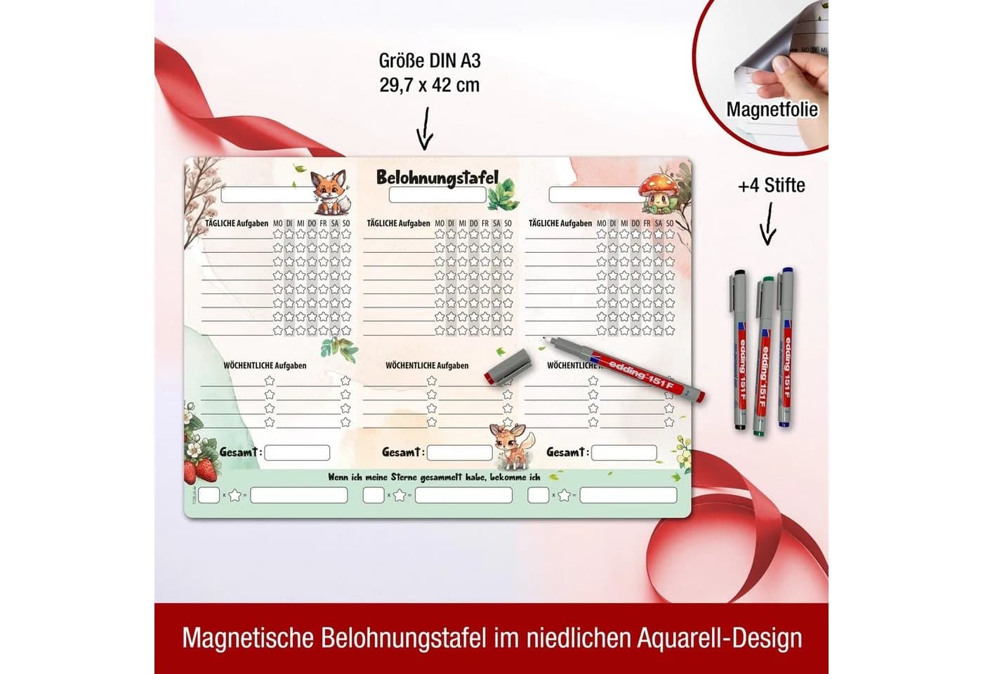 TOBJA Magnettafel A3 Belohnungstafel [Waldtiere] +4 Stifte Kinder magnetisch - Bild 3