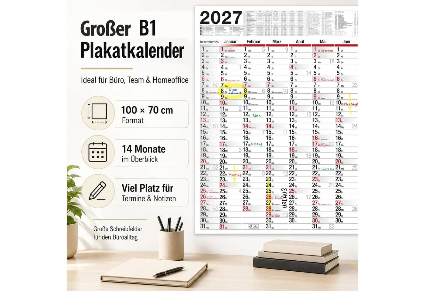 TOBJA Wandkalender 2027 XXL 70x100 cm Abwischbar mit 4 Stiften