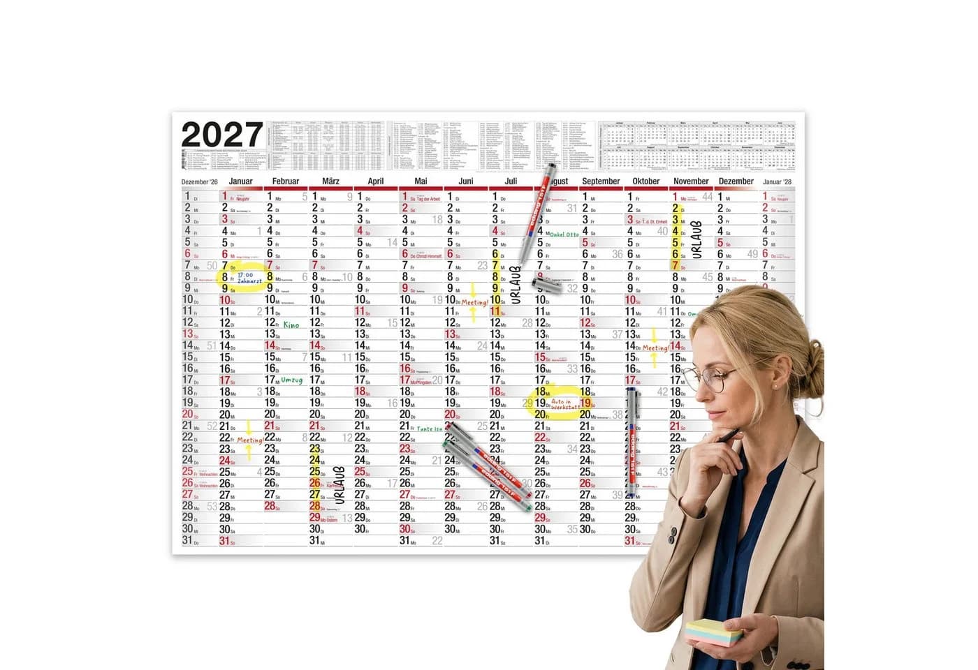 TOBJA Wandkalender 2027 XXL 70x100 cm Abwischbar mit 4 Stiften - Bild 2