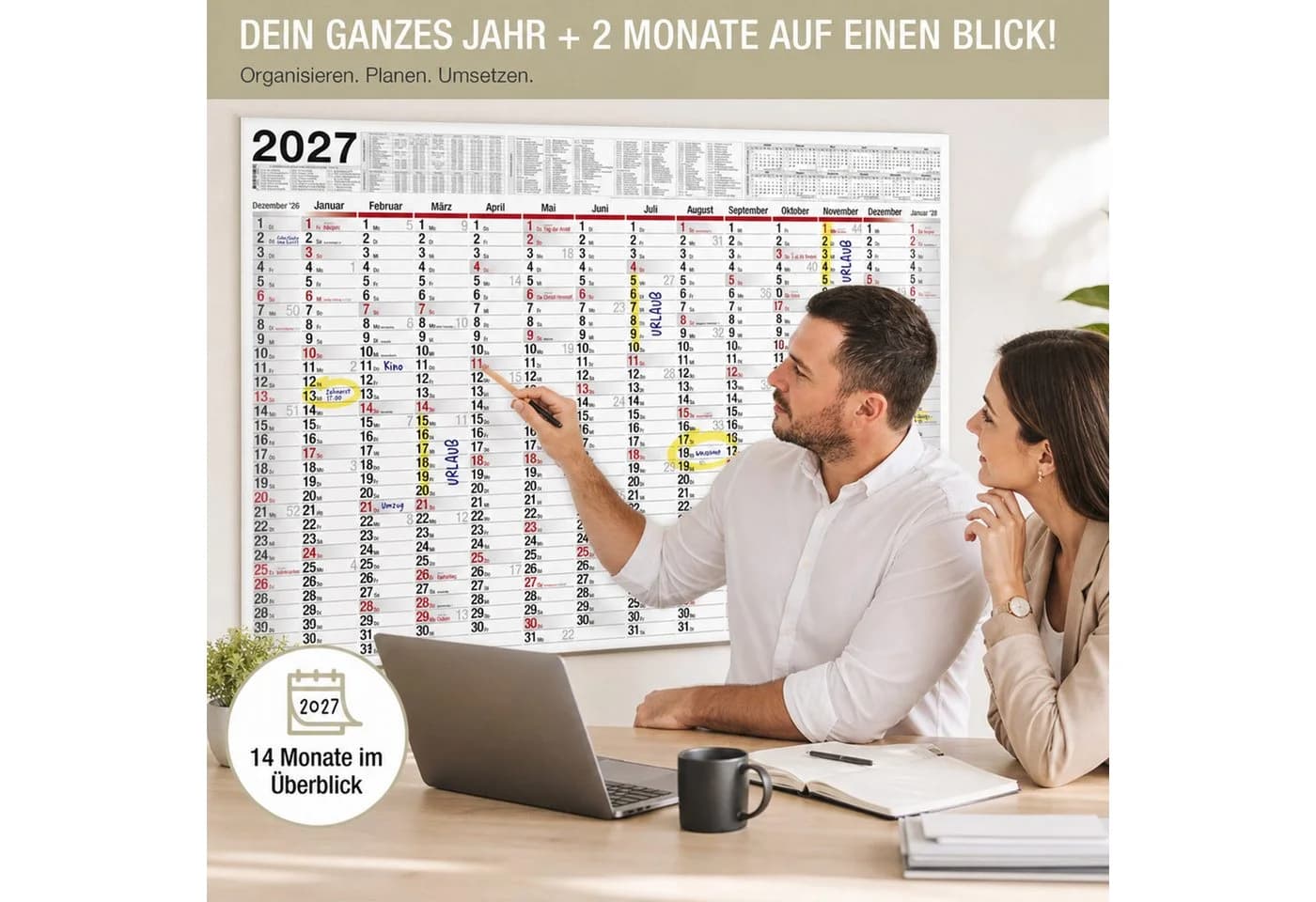 TOBJA Wandkalender 2027 XXL 70x100 cm Abwischbar mit 4 Stiften - Bild 3