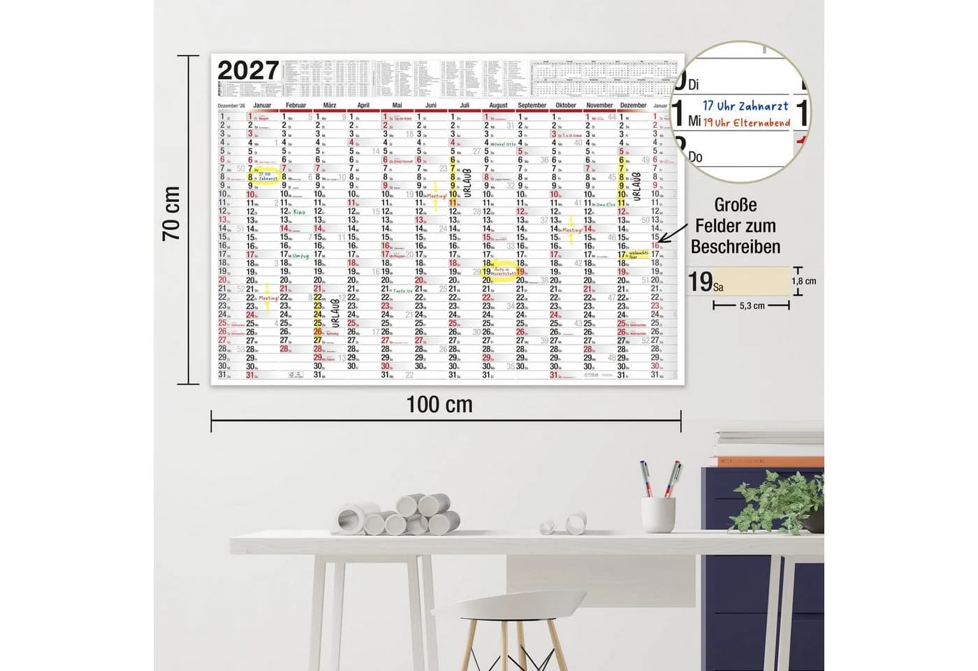 TOBJA Wandkalender 2027 XXL 70x100 cm Abwischbar mit 4 Stiften - Bild 4