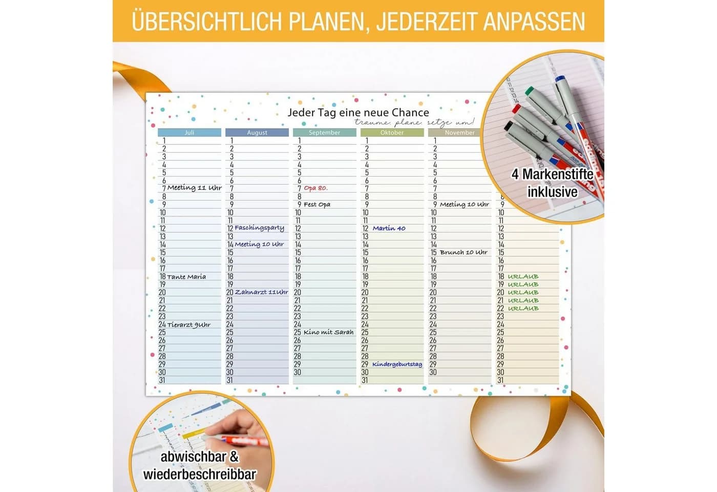 TOBJA Wandkalender Immerwährender Kalender A4 abwischbar +4 Stifte