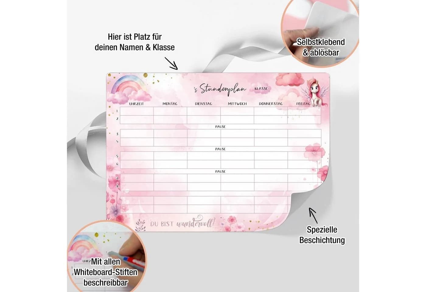 TOBJA Einhorn Stundenplan Wandtafel Rosa abwischbar