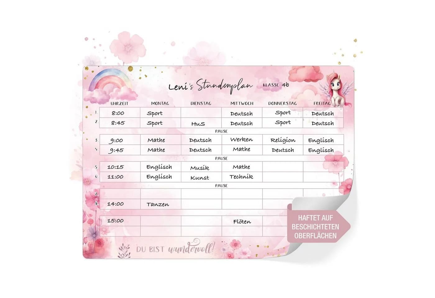 TOBJA Einhorn Stundenplan Wandtafel Rosa abwischbar - Bild 2