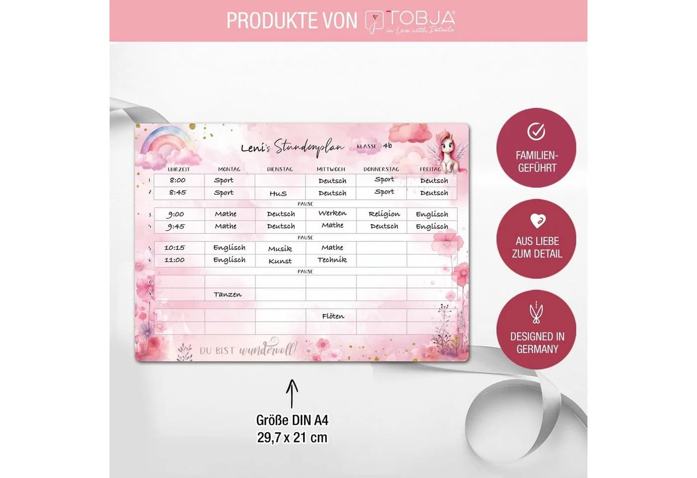 TOBJA Einhorn Stundenplan Wandtafel Rosa abwischbar - Bild 3