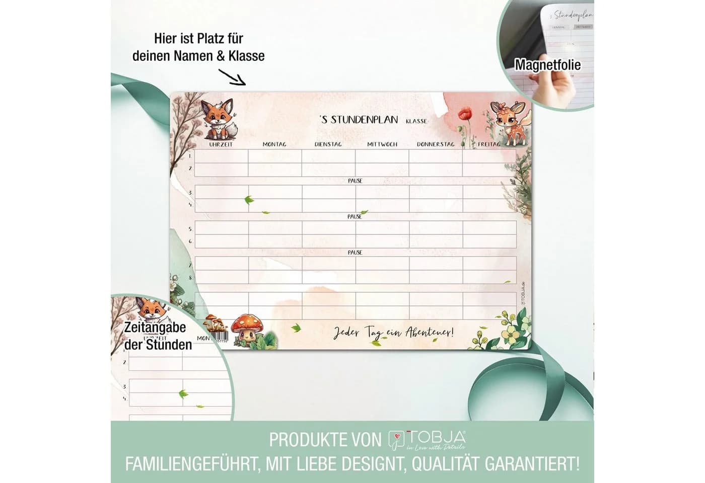 TOBJA Magnettafel Stundenplan A4 Waldbewohner Motiv