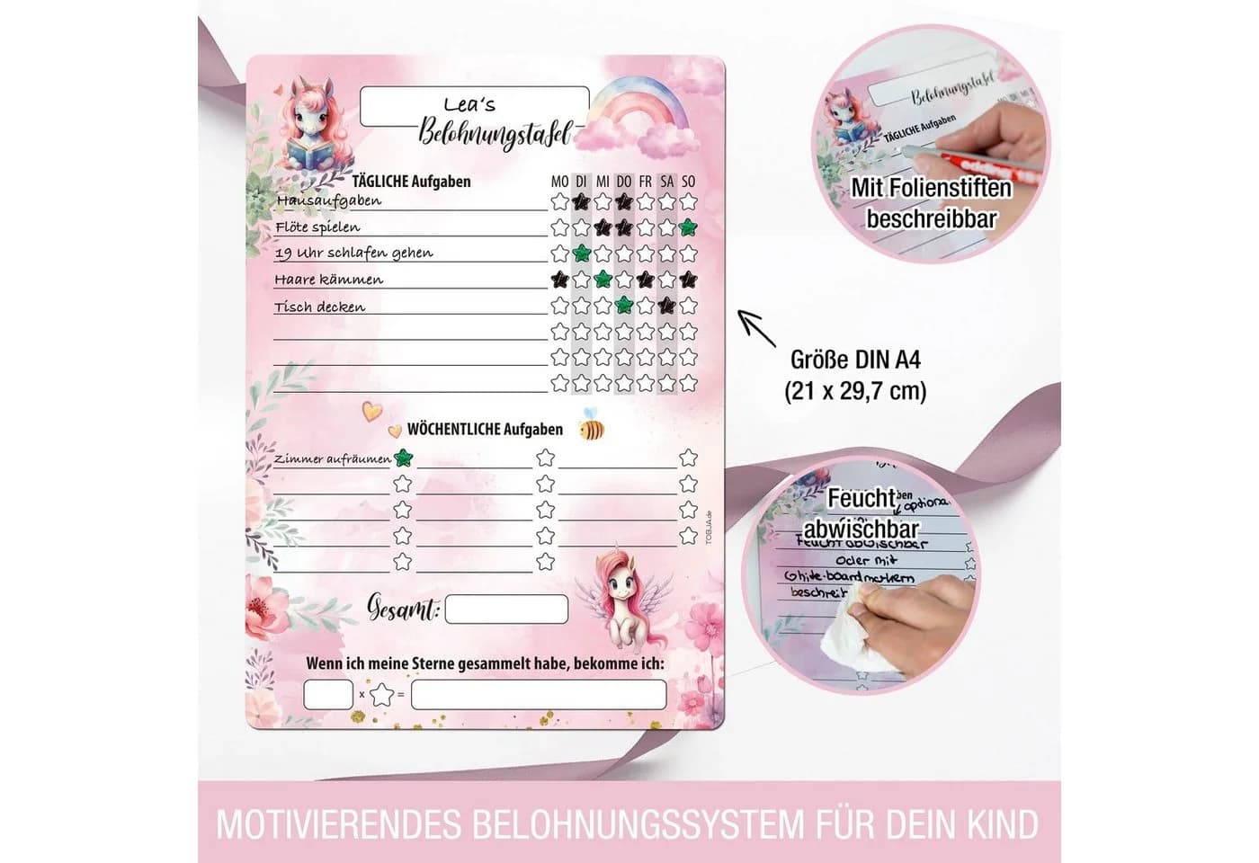 TOBJA Magnettafel Belohnungstafel Einhorn A4 Magnetisch Rosa