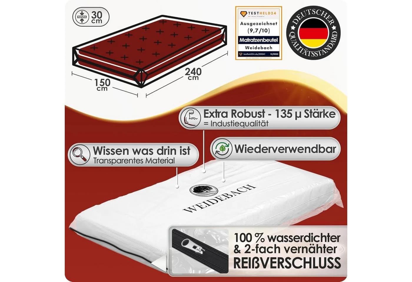 WEIDEBACH Matratzenschoner Twinbett wasserdicht mit Reißverschluss - Bild 3