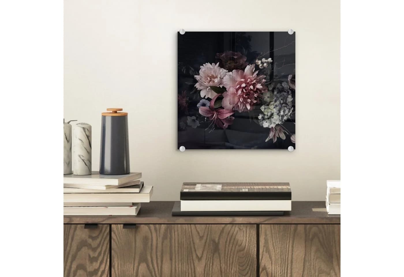 MuchoWow Acrylglasbild Blumenstrauß Rosa Schwarz Vintage