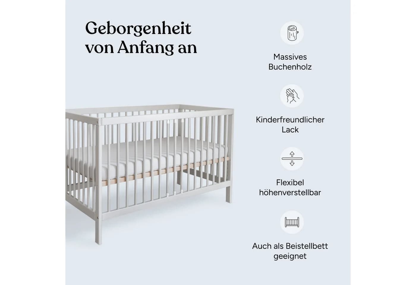 Ehrenkind Babybett PUR Massivholz mit Matratze Grau - Bild 3