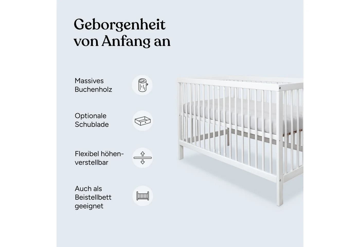 Ehrenkind Babybett PUR Massivholz Weiß 9-fach höhenverstellbar - Bild 3
