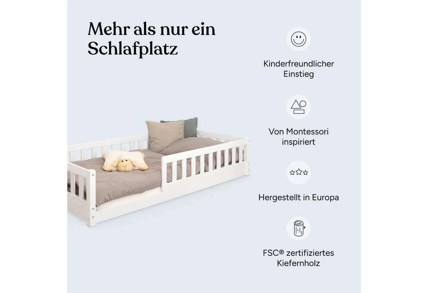 Ehrenkind Kinderbett Lille Bodenbett Weiß Massivholz Rausfallschutz - Bild 3
