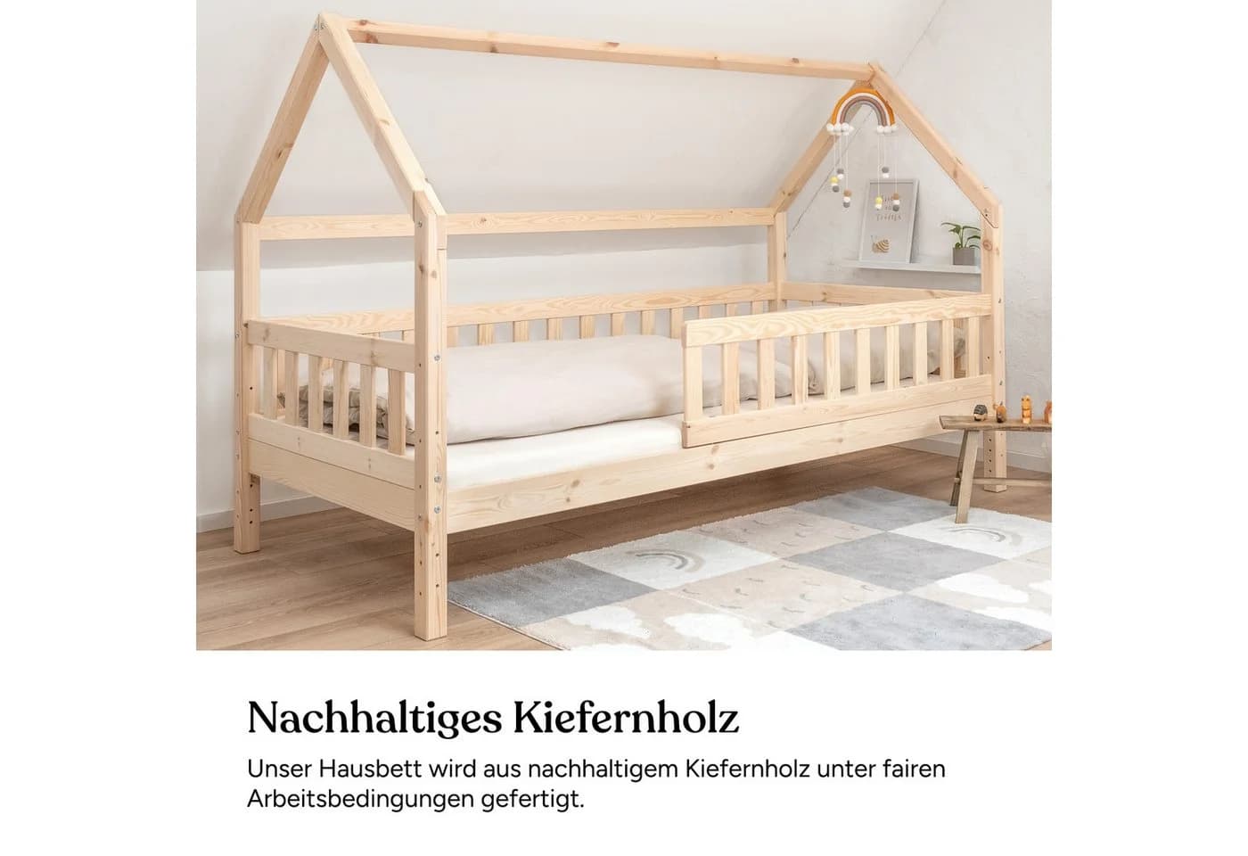 Ehrenkind Hausbett Lille Kiefernholz Stauraum Rausfallschutz - Bild 4