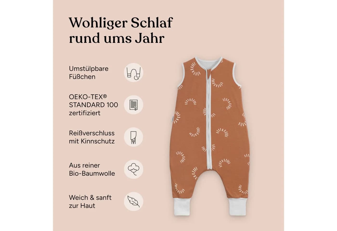 Ehrenkind Babyschlafsack mit Füßen 2.5 TOG Bio-Baumwolle Ganzjahr Beige - Bild 3