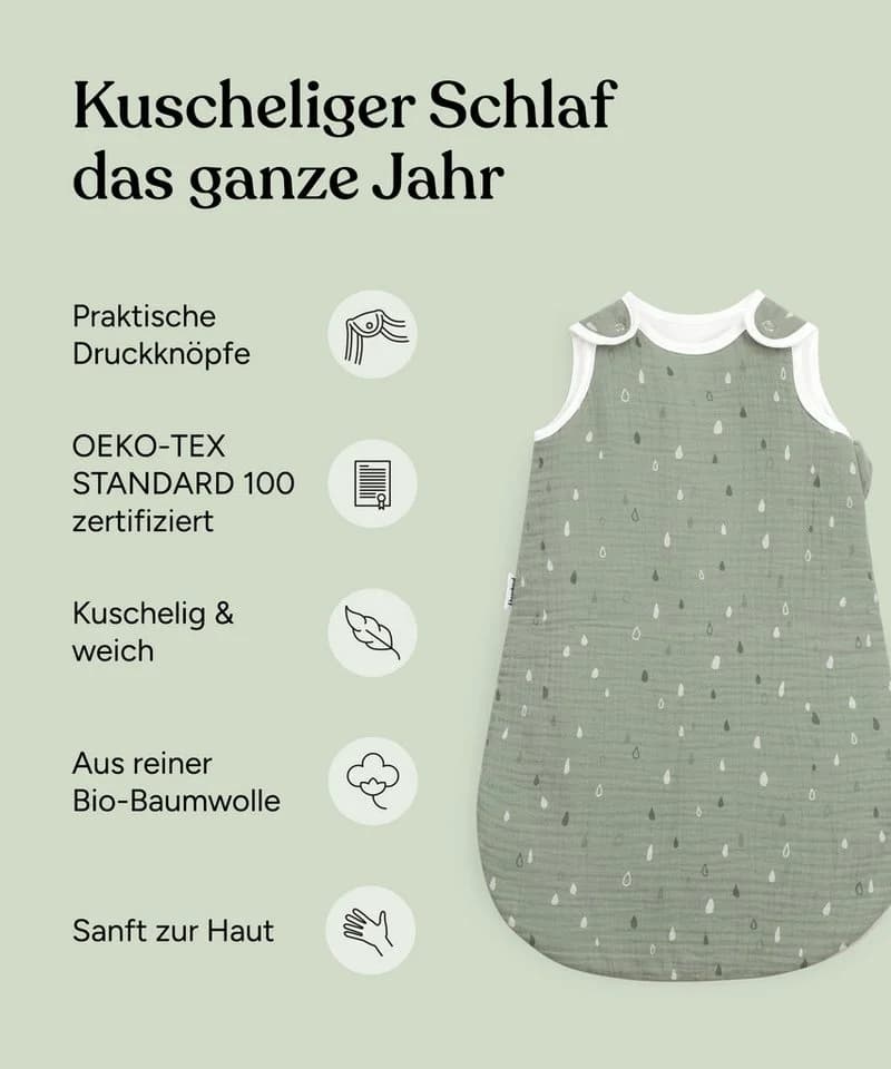 Ehrenkind Babyschlafsack Musselin Ganzjahresschlafsack Rund 2.5 TOG Jade Tropfen - Bild 3