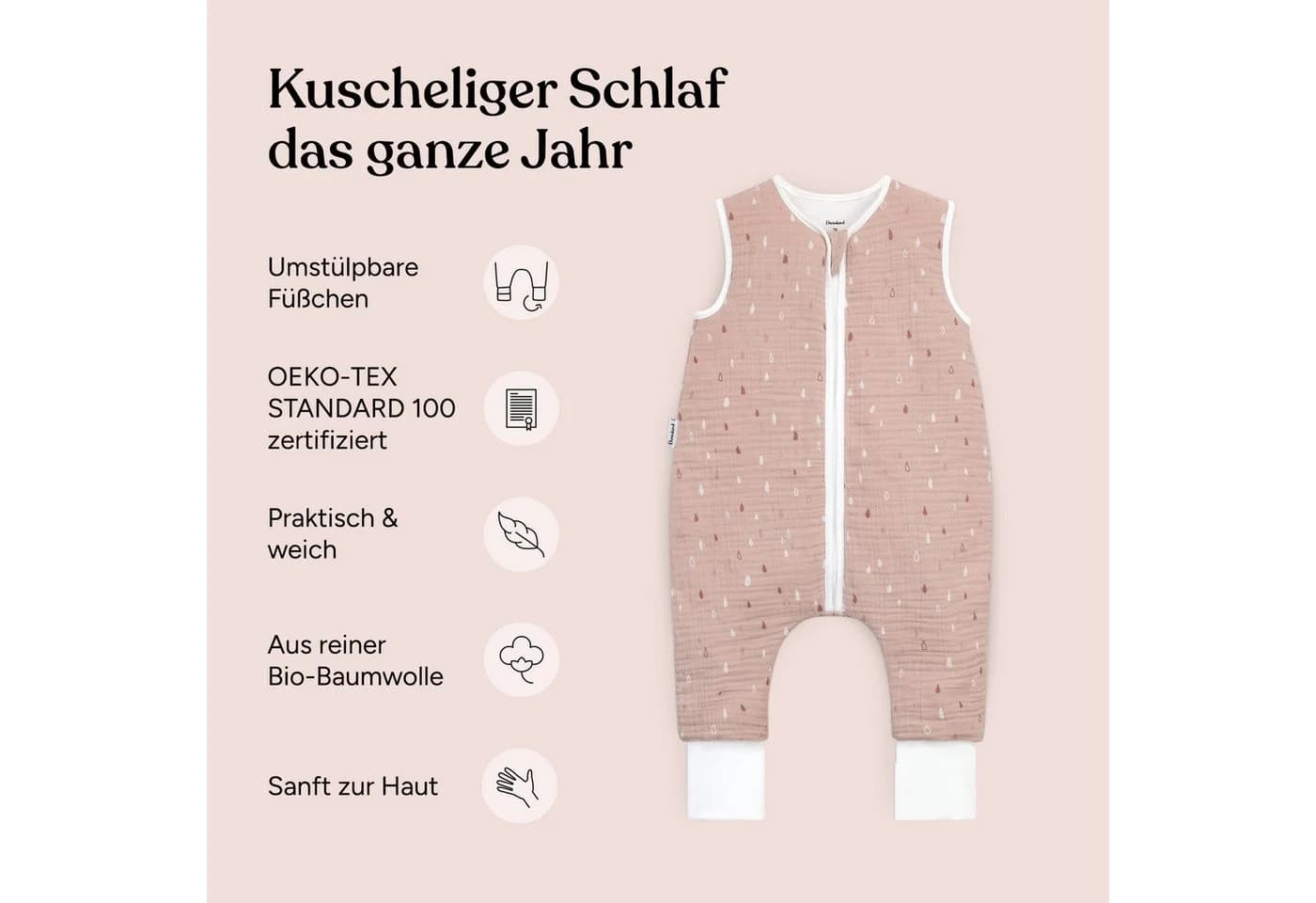 Ehrenkind Babyschlafsack Musselin mit Füßen 2.5 TOG Rosa Bio-Baumwolle - Bild 3