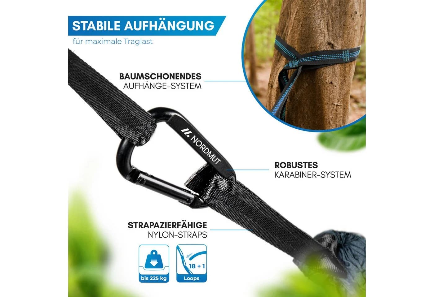 Nordmut Hängematte Outdoor Ultraleicht Blau mit Befestigungs-Set