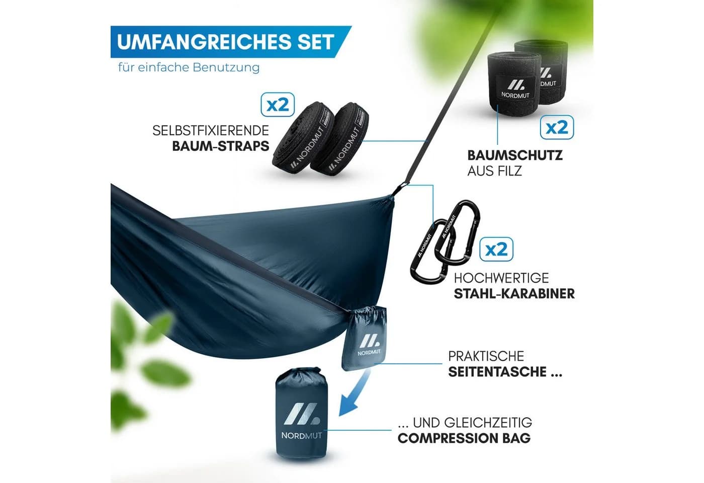 Nordmut Hängematte Outdoor Ultraleicht Blau mit Befestigungs-Set - Bild 4