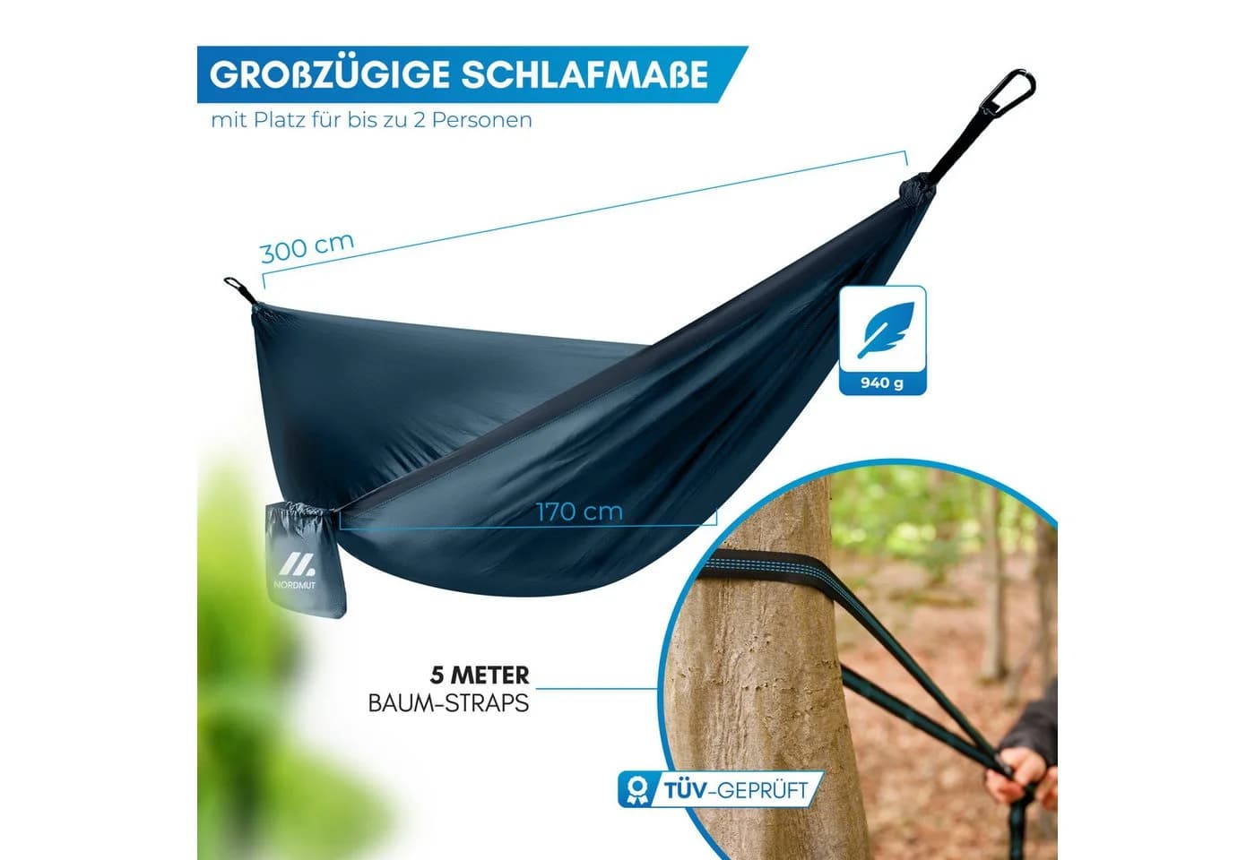 Nordmut Hängematte Outdoor Ultraleicht Blau mit Befestigungs-Set - Bild 5