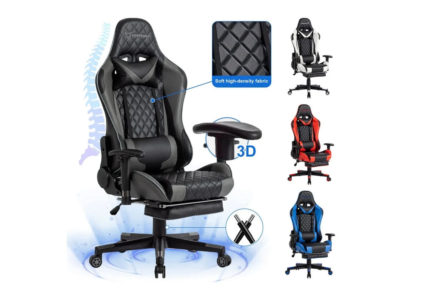 Seven Comfort Gaming-Stuhl mit Fußstütze und Lendenwirbelstütze Grau - Bild 2