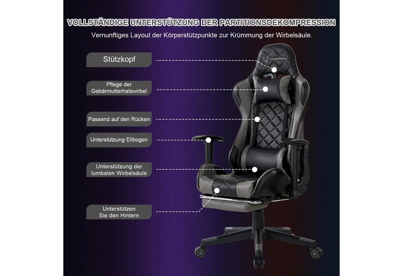 Seven Comfort Gaming-Stuhl mit Fußstütze und Lendenwirbelstütze Grau - Bild 3
