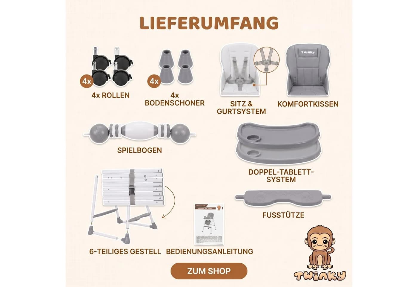 TWINKY Kinderklappstuhl Grau Silber 3-in-1 Hochstuhl - Bild 3