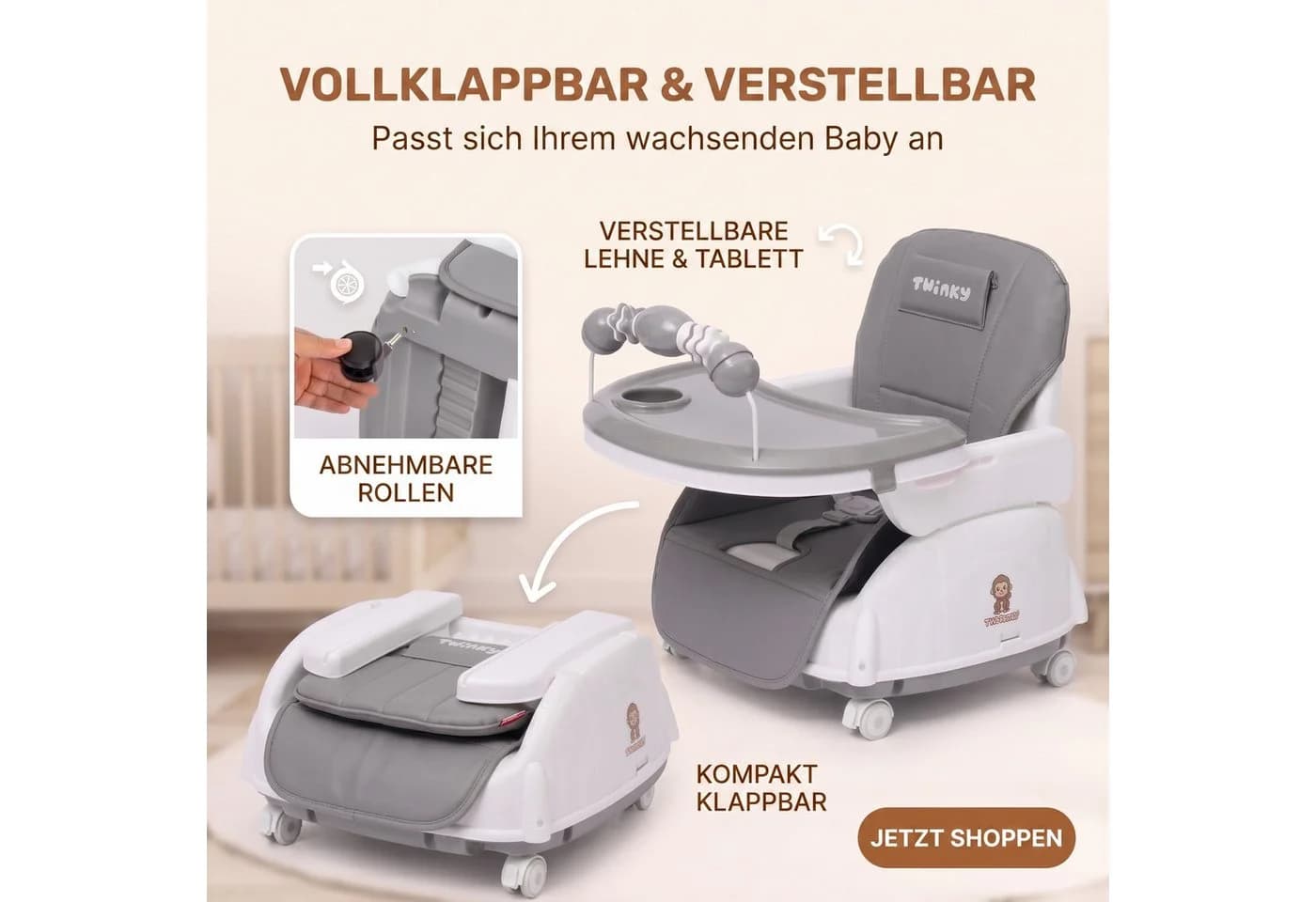 TWINKY Kinderklappstuhl Grau Silber 3-in-1 Hochstuhl - Bild 4
