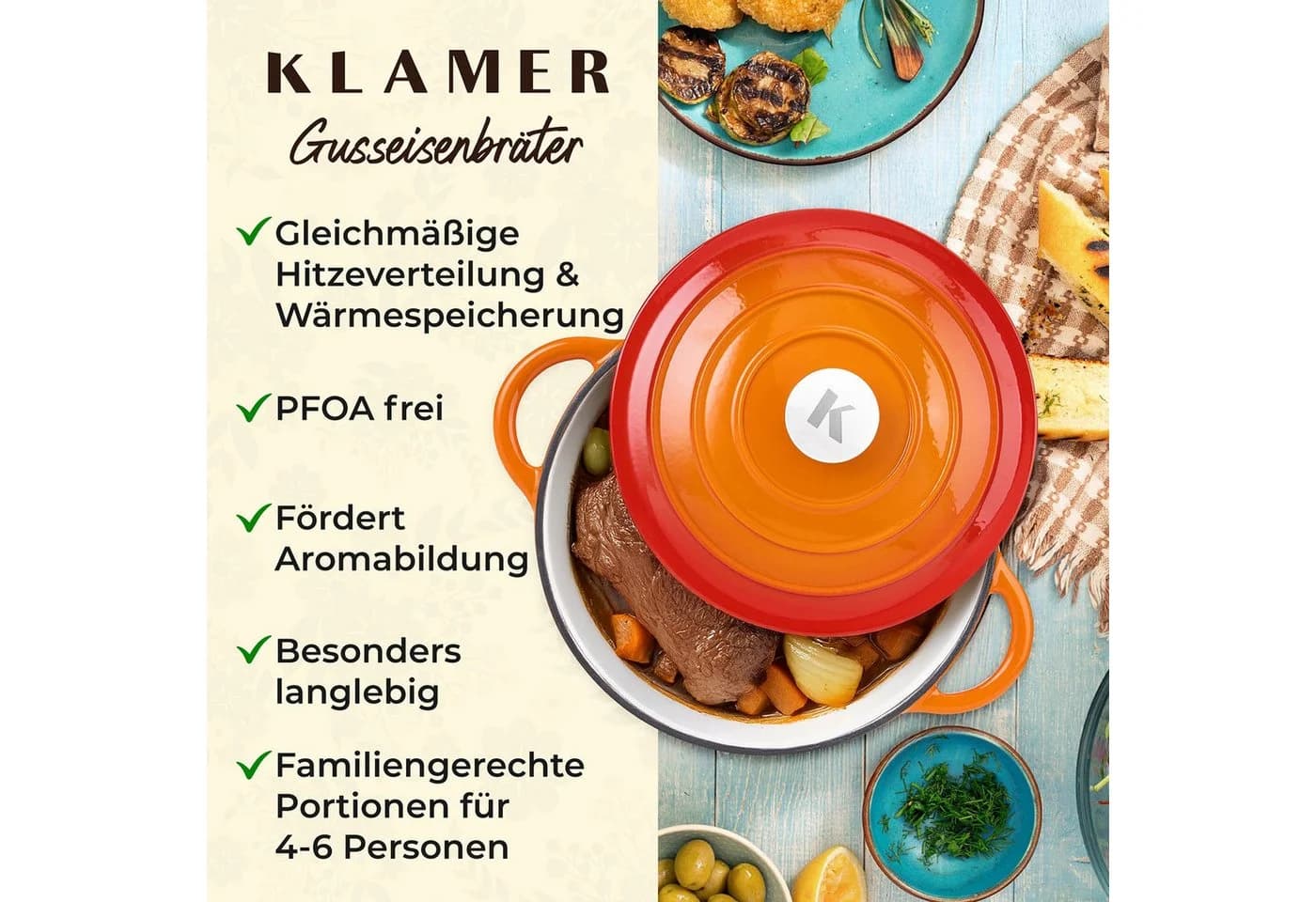 KLAMER Gusseisenbräter 5L Emaille Orange 25cm - Bild 4