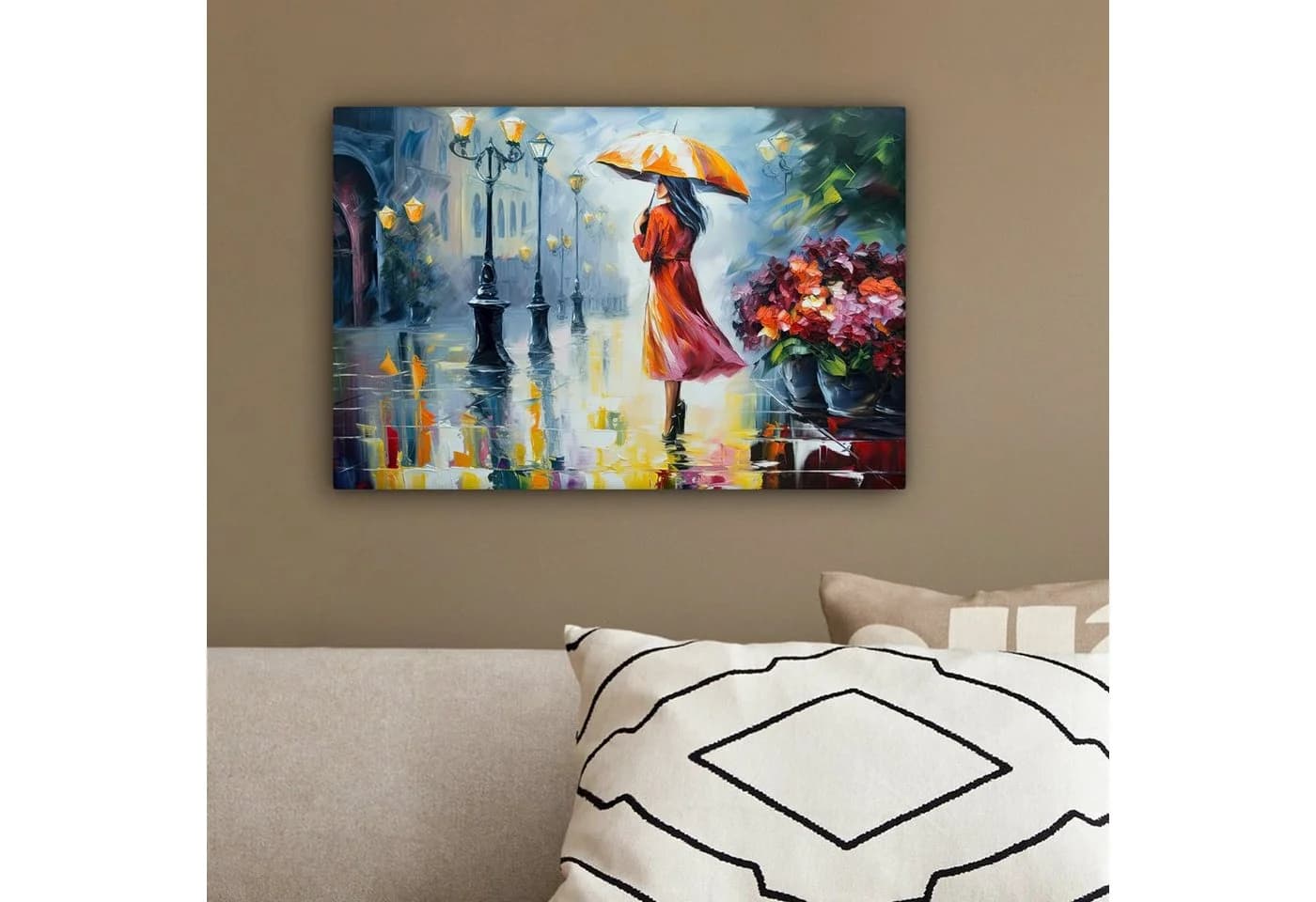 OneMillionCanvasses® Leinwandbild Ölfarbenoptik - Regenschirm - Frau - Straße - Kunst, Fotodruck 30x20 cm - Bild 4
