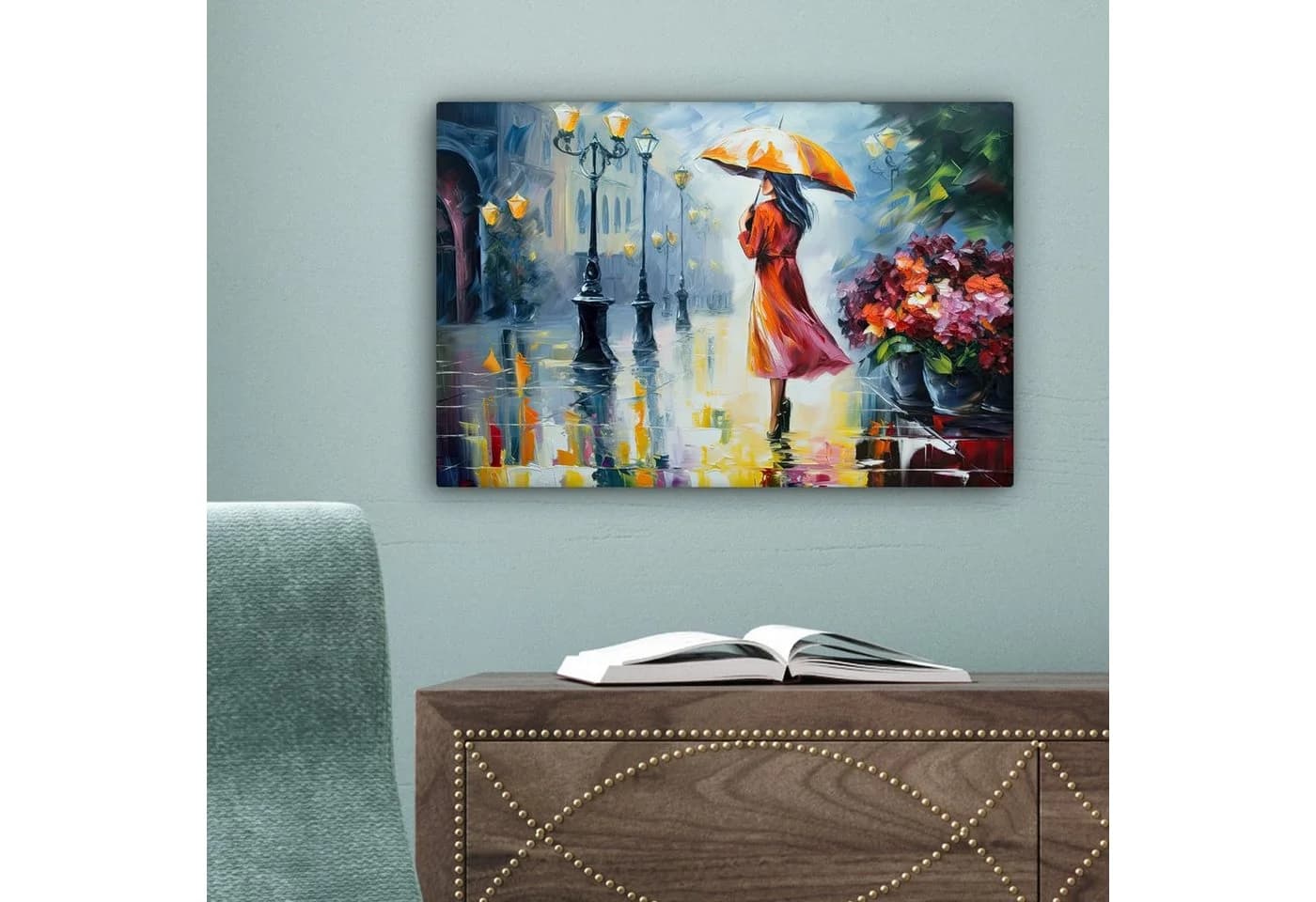 OneMillionCanvasses® Leinwandbild Ölfarbenoptik - Regenschirm - Frau - Straße - Kunst, Fotodruck 30x20 cm - Bild 5