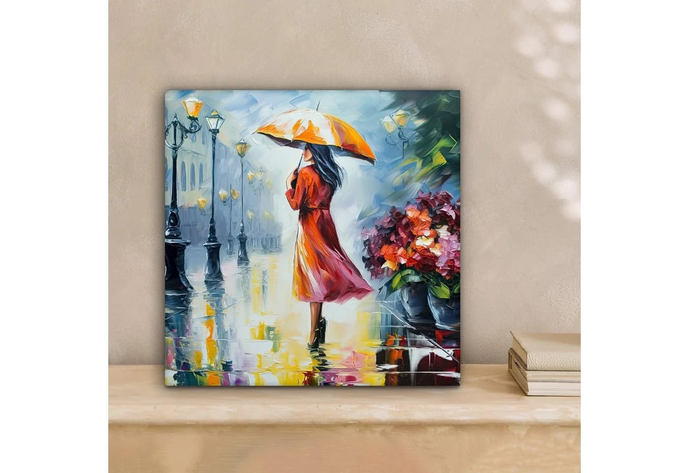 OneMillionCanvasses® Leinwandbild Frau mit Regenschirm Ölfarbenoptik