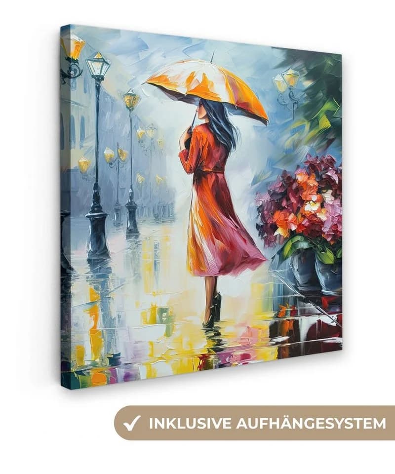 OneMillionCanvasses® Leinwandbild Frau mit Regenschirm Ölfarbenoptik - Bild 2