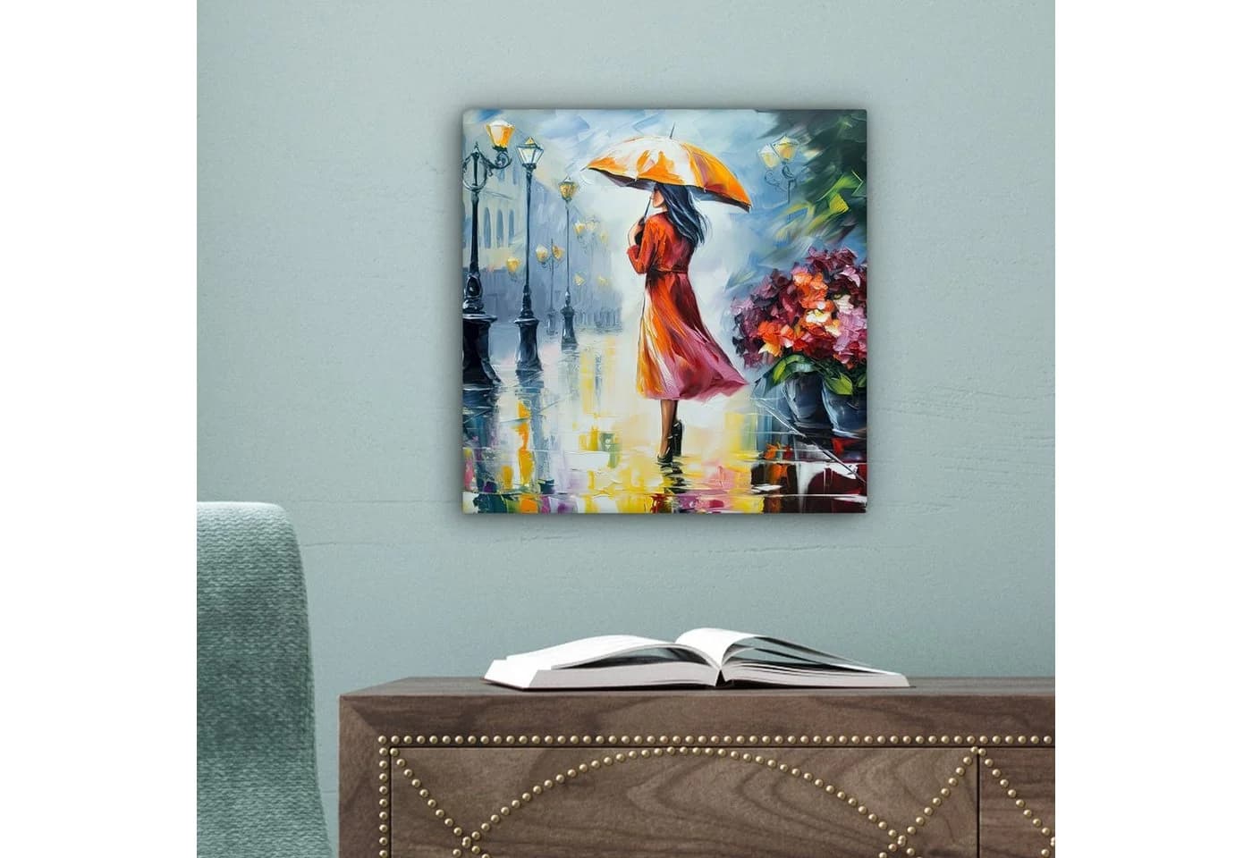 OneMillionCanvasses® Leinwandbild Frau mit Regenschirm Ölfarbenoptik - Bild 5