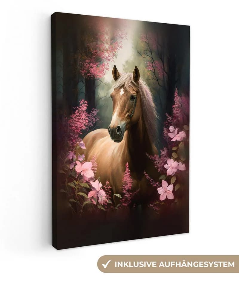 OneMillionCanvasses® Leinwandbild Pferd - Blumen - Rosa - Natur - Wald - Bild 2