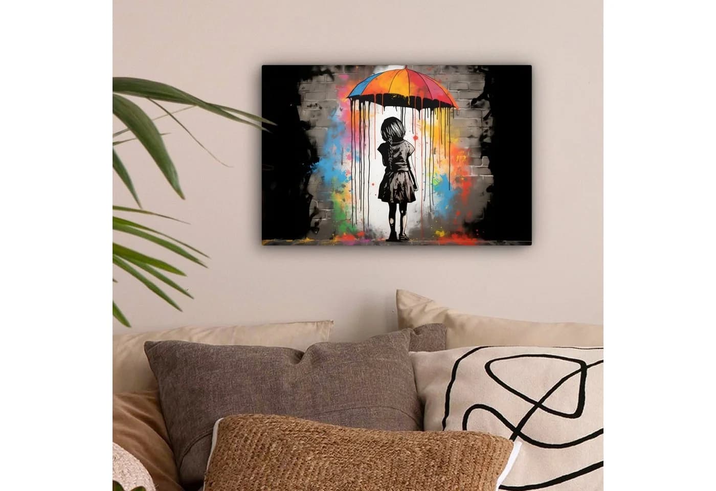 OneMillionCanvasses® Leinwandbild Mädchen - Kunst - Regenschirm - Graffiti - Farben - Wand, Fotodruck (1 St), Leinwand Bilder Klein, Wand Dekoration Aesthetic 30x20 cm