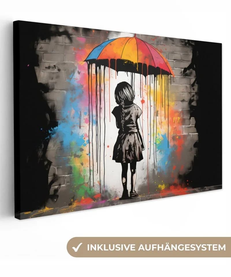 OneMillionCanvasses® Leinwandbild Mädchen - Kunst - Regenschirm - Graffiti - Farben - Wand, Fotodruck (1 St), Leinwand Bilder Klein, Wand Dekoration Aesthetic 30x20 cm - Bild 2